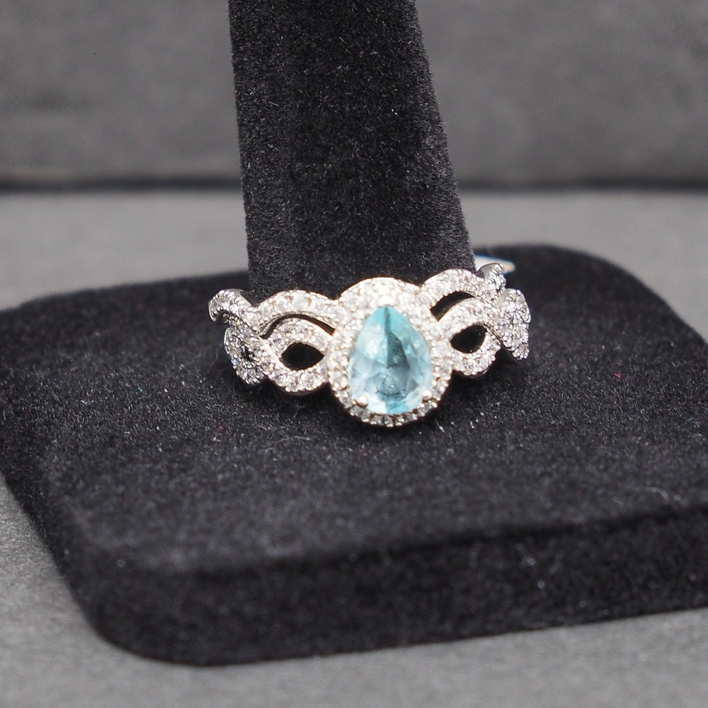 Ring Set 2pc Blue Pear Rhinestone March Birthstone Halo Infinity Silver Tone